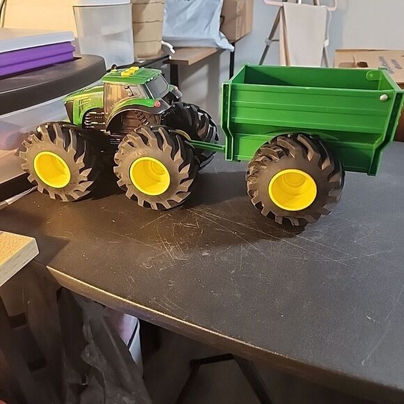 TOMY John Deere Monster Treads Toy Tractor with Wagon and Lights & Sounds WORKS - Picture 1 of 13